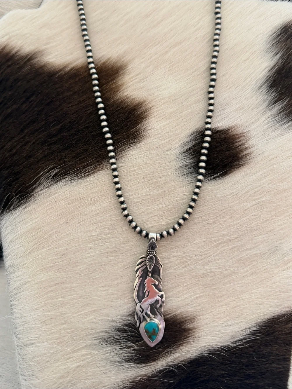 ❤️Kingman Turquoise Sterling Feather HandStamped Statement Rearing Horse Pendant